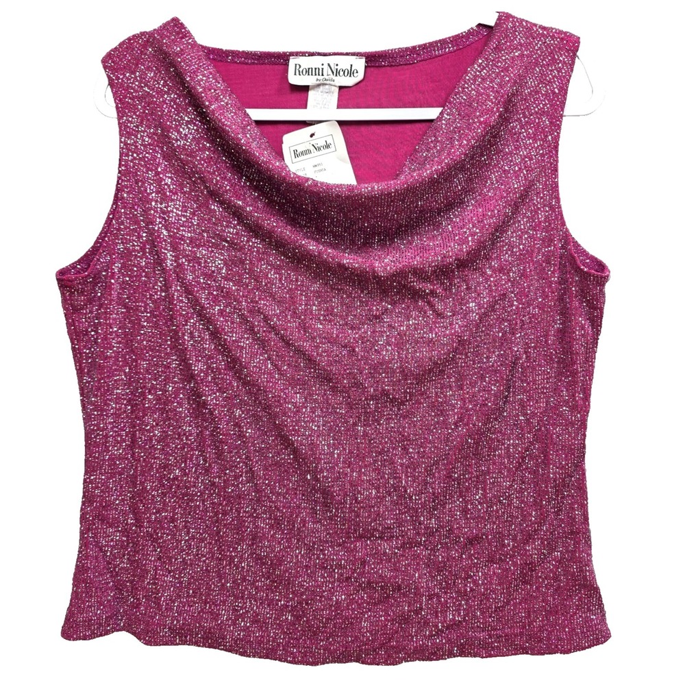 Vintage Ronni Nicole Metallic Stretch Top Womens L Fuchsia Sequin Glitter Purple